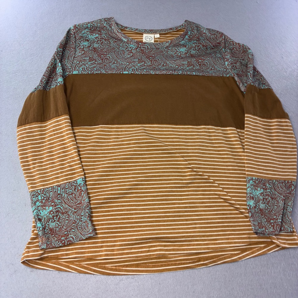 Grace & Emma Long Sleeve Top Womens Large Brown Paisley Striped Boutique